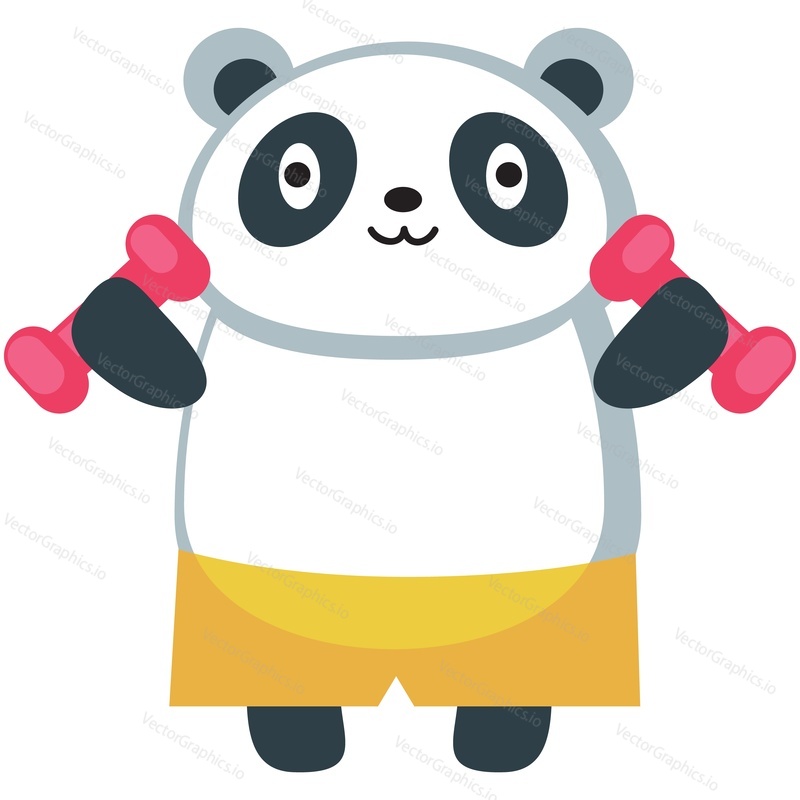 Panda training with dumbbells vector icon. Cartoon animal enjoy gym fitness exercise. Cute bear athlete pumping muscle illustration isolated on white background