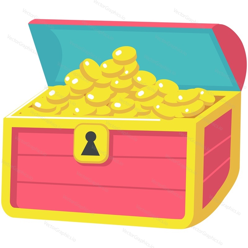 Chest vector. Cartoon open wooden box with gold pirate treasure money coin icon isolated on white background