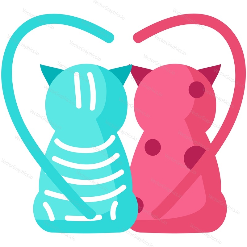 Cat in love. Cute vector animal couple sitting together. Funny cartoon pet characters icon for greeting invitation card design. Kawaii valentine kittens family with folded tail in heart shape isolated