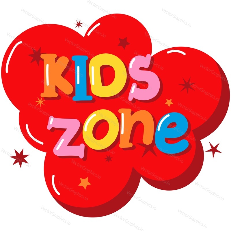 Kids zone label vector. Playground game and fun area icon. Child play room. Party entertainment and leisure activity place. Badge with red cartoon bubble design isolated on white background