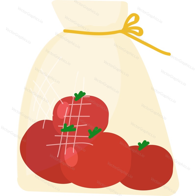 Bag pouch with tomato vector. Food market, eco purchase and grocery shopping icon isolated on white background