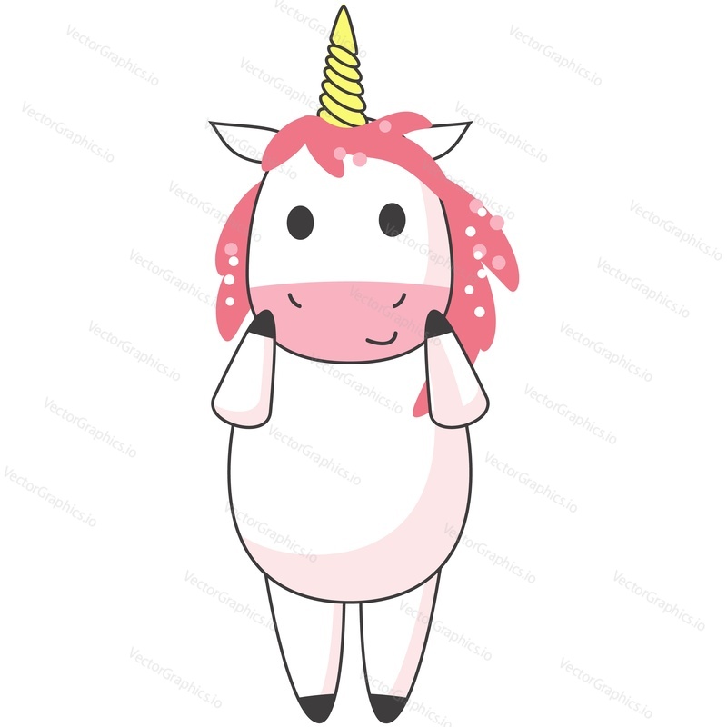 Cute shy unicorn vector. Baby horse cartoon icon. Happy animal standing with hand on face isolated character on white background