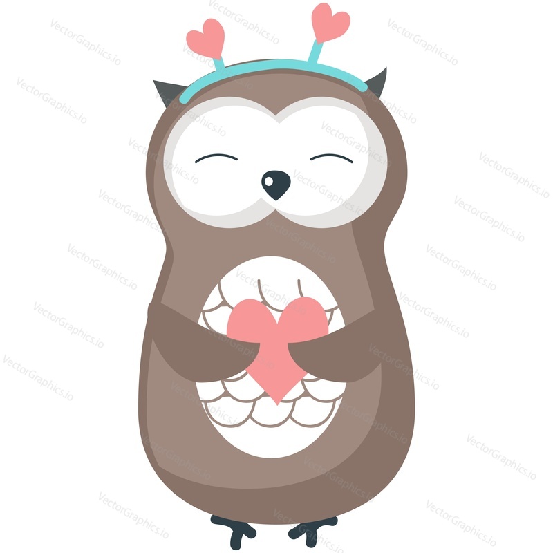 Animal with love vector. Cute owl with heart shape in hand icon illustration. Sweet happy character for valentine, birthday or wedding postcard romantic poster design. Isolated on white background