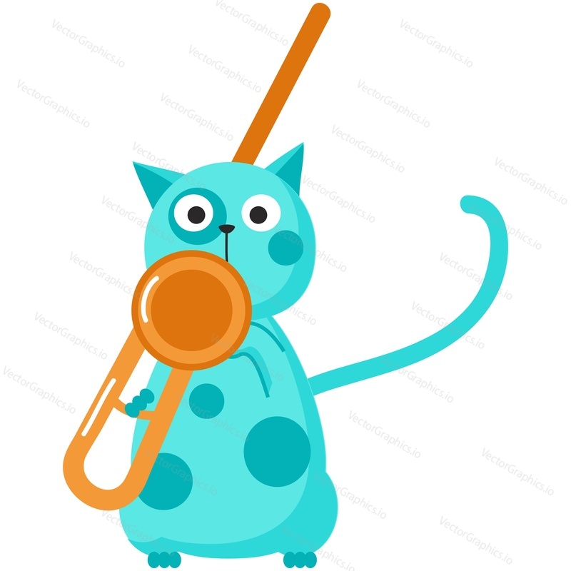 Music cat jazz cartoon animal vector. Music pet character playing trumpet icon illustration. Kitten trombonist musician performance isolated on white background