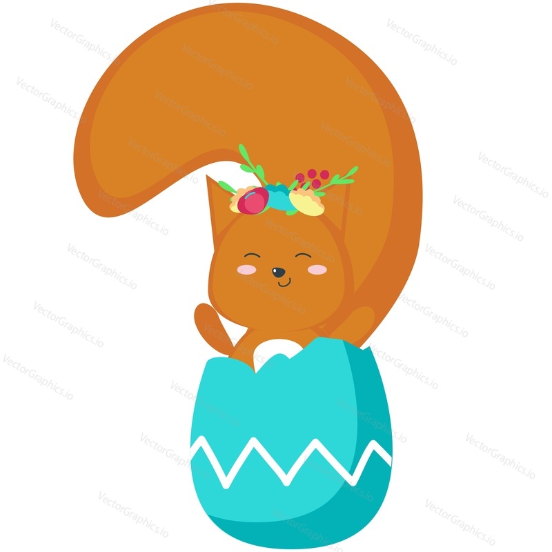 Easter vector. Cute cartoon squirrel character sitting in painted egg shell. Spring holiday rodent animal for greeting doodle card decoration isolated on white background