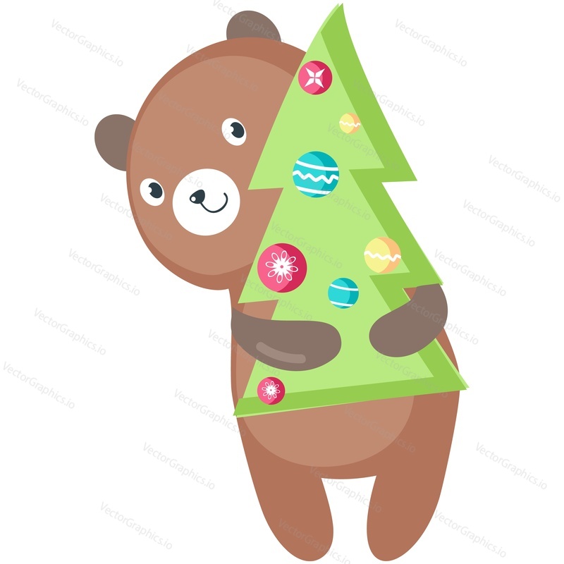 Christmas card cute animal vector icon. Bear holding decorated xmas fir tree. Happy winter holiday invitation postcard design. Isolated on white background