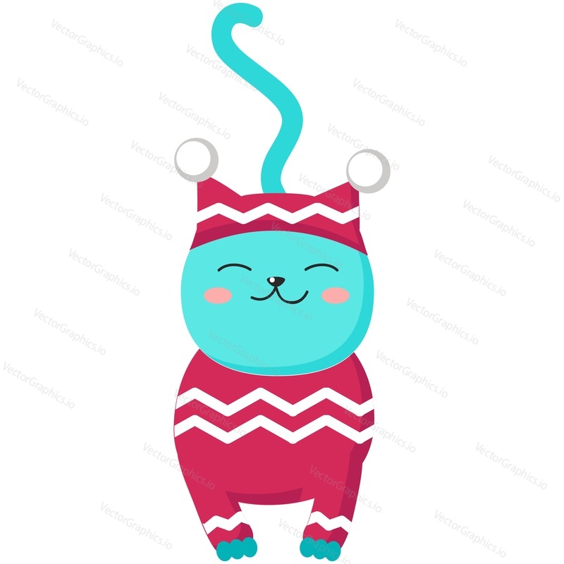 Winter cat in warm sweater and hat vector. Cute pet animal icon illustration. Funny kitten character walking. Doodle design for greeting cold season card isolated on white background