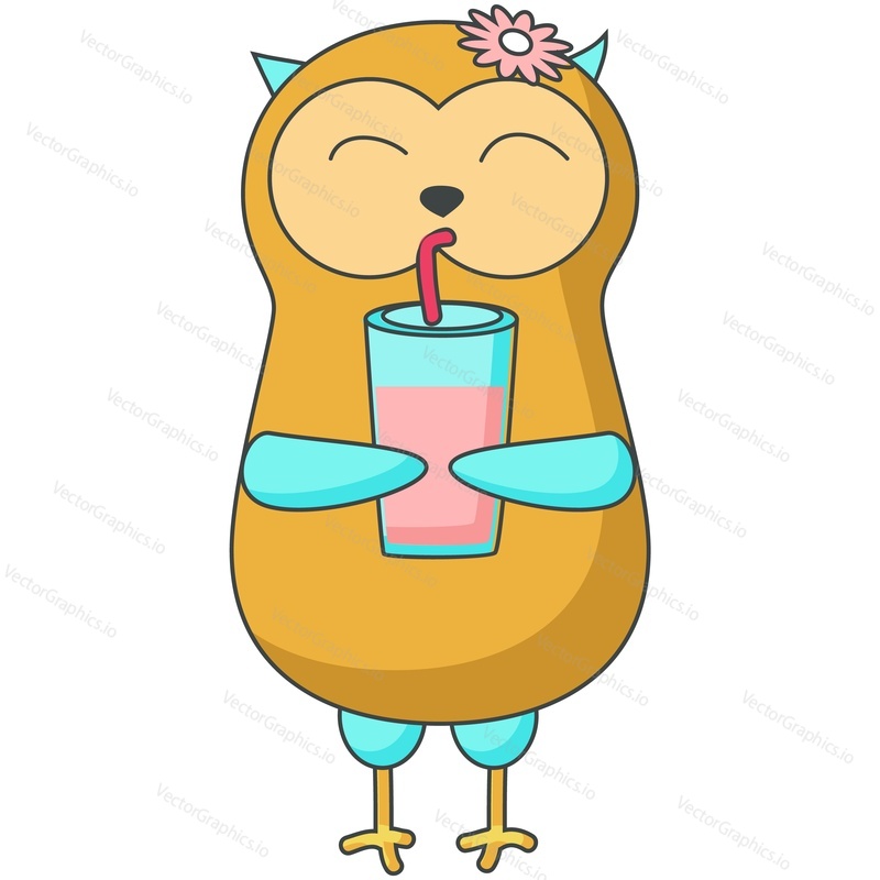 Cute owl drink lemonade vector. Little female bird holding glass with refreshing soda beverage with straw icon. Summer refreshment illustration isolated on white background