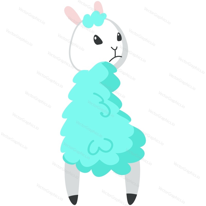 Cute alpaca vector. Funny lama standing with back cartoon icon. Kawaii animal looking with offended displeased feelings illustration. Unhappy mascot with fluffy curly wool isolated on white background