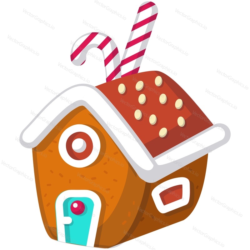 Gingerbread house vector. Christmas ginger home cookie icon. Winter holiday sweet biscuit with sugar icing decoration and candy cane. Homemade bakery isolated on white background