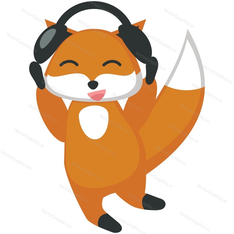 Funny fox vector. Cute forest animal cartoon icon. Comic woodland character with red tail wearing headphones listening to music and dancing isolated on white background