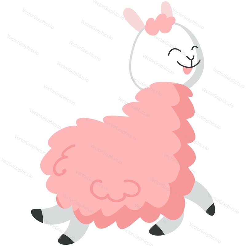 Cute alpaca vector. Funny lama walking cartoon icon. Kawaii animal smiling having fun illustration. Happy satisfied pleased mascot with fluffy curly pink wool isolated on white background