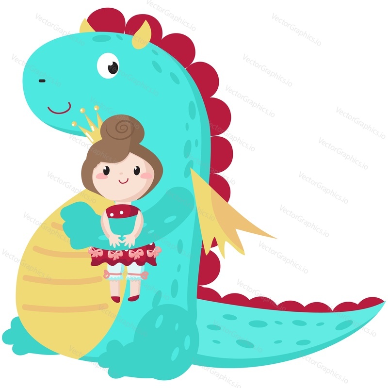 Dragon cartoon vector. Cute baby character illustration holding princess toy icon. Fairy tale fantasy dinosaur, funny little monster isolated on white background