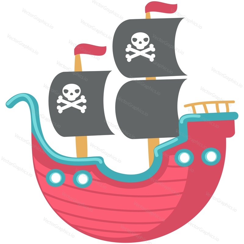 Pirate ship vector. Cartoon sea sail boat icon illustration. Isolated wooden sailboat, corsair caravel on white background