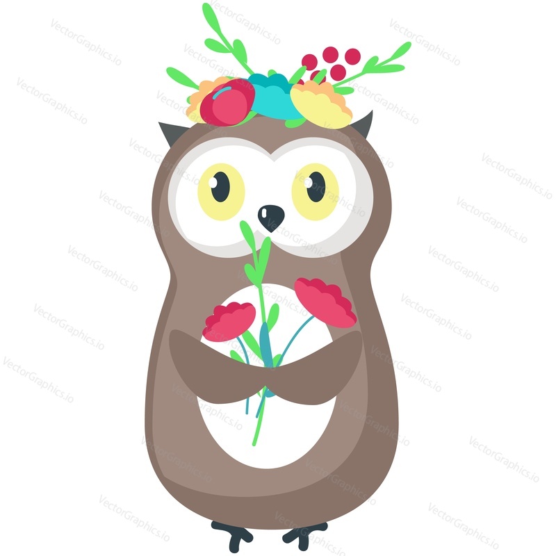 Cute owl with spring flower vector cartoon icon. Cartoon forest bird character enjoy springtime season isolated on white background