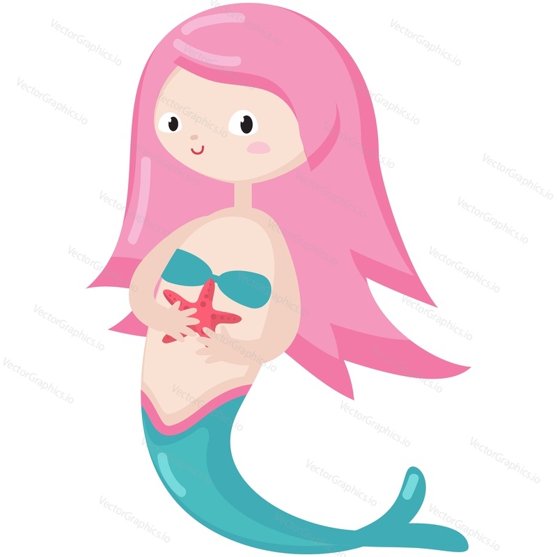 Cartoon mermaid vector. Cute girl seamaid icon illustration. Little magic sea princess with pink hair fairytale character holding starfish character isolated on white background