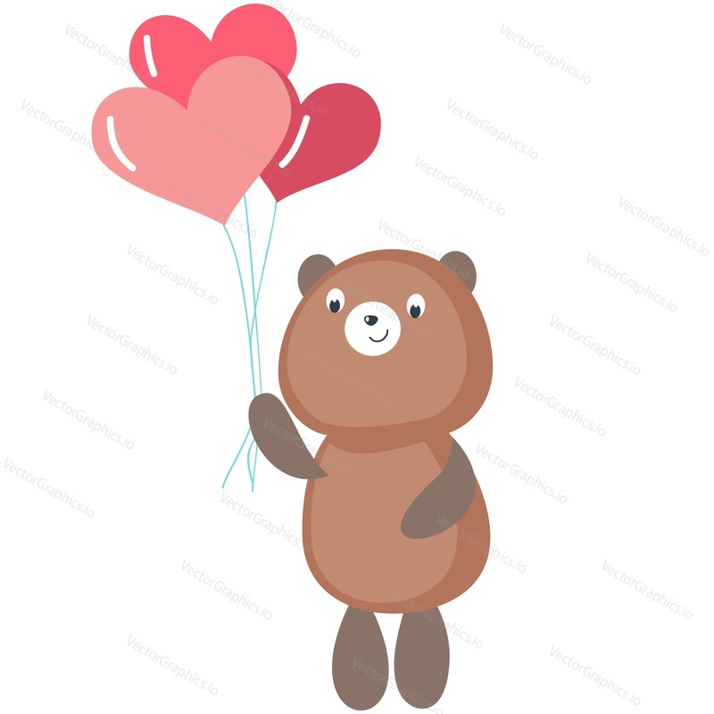 Animal with love vector. Teddy bear with heart shape air balloon icon illustration. Sweet happy character for valentine, birthday or wedding postcard romantic poster design. Isolated on white