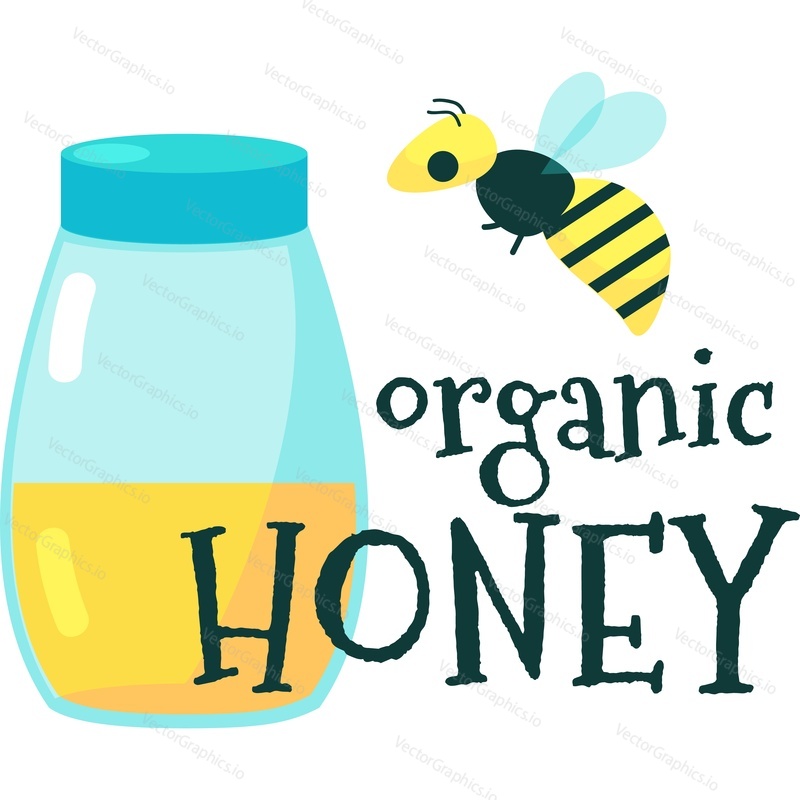 Organic honey icon. Vector sticker, label or logo with headline text, bee and sweet nectar in jar design isolated on white background