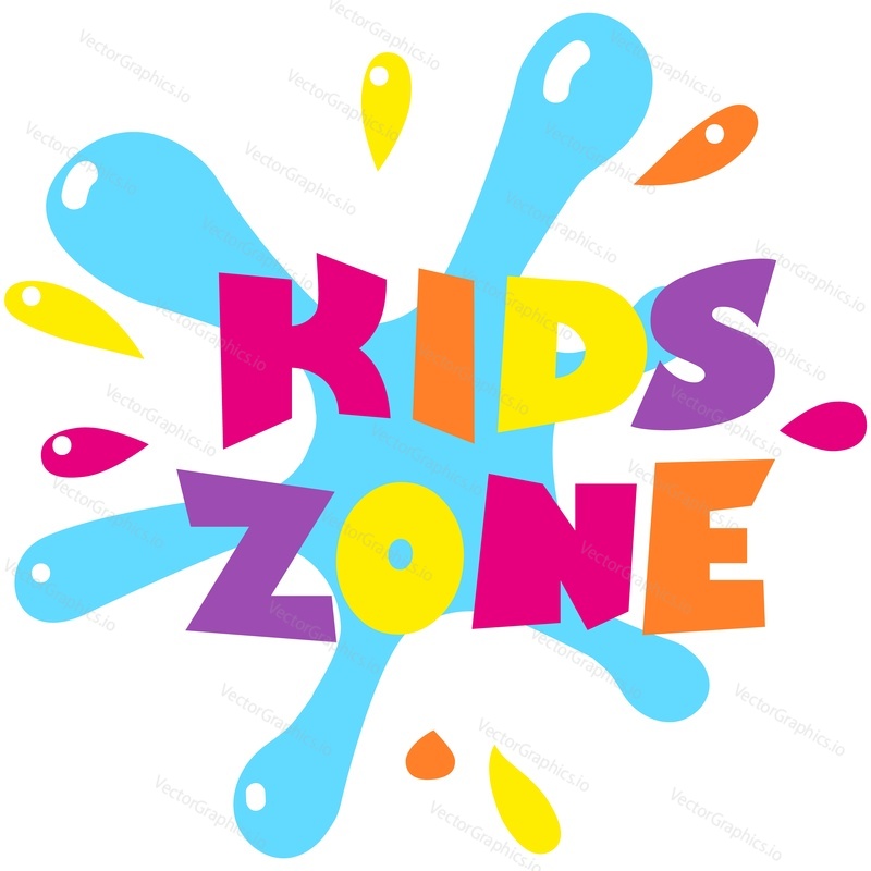 Kids zone label vector. Playground game and fun area icon. Child play room for party entertainment and leisure activity. Badge with color cartoon splash design isolated on white background