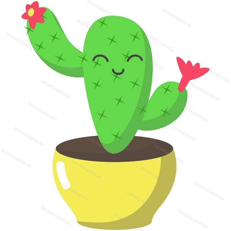 Cactus vector. Funny succulent plant fooling mascot with pink blossom flower cartoon illustration. Cute cacti face with positive smile dancing in flowerpot isolated on white background