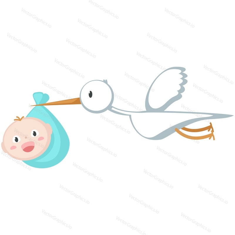 Stork carrying newborn vector. Bird and cartoon born child illustration isolated on white background. Child birth greeting. Invitation postcard character delivering kid. Baby shower concept