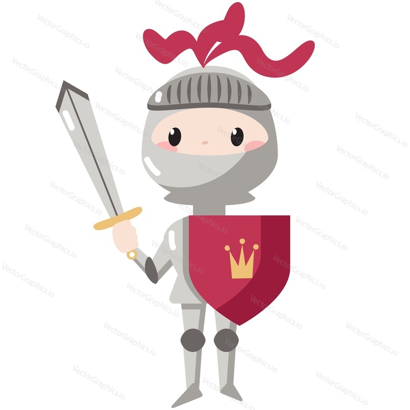 Cute knight vector. Cartoon medieval warrior child character in helmet and armor holding shield and sword icon isolated on white background