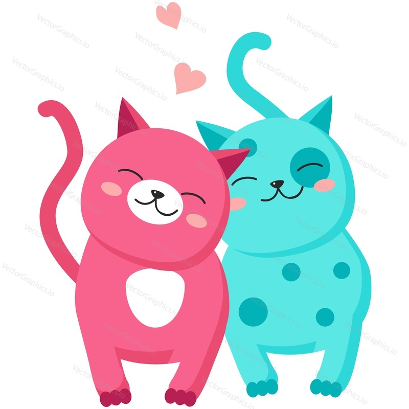 Cat in love. Cute vector animal couple walking together. Funny cartoon pet characters icon illustration for greeting invitation card design. Kawaii valentine kittens family isolated