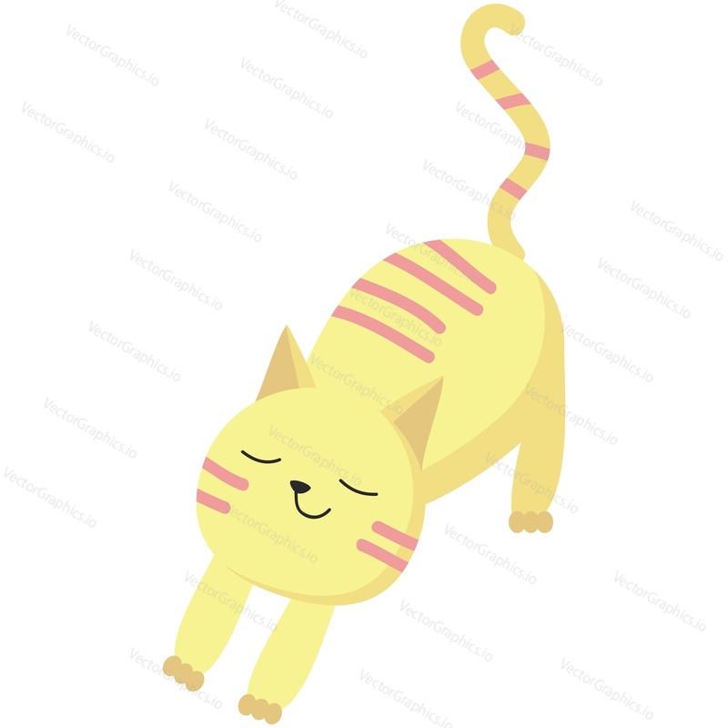 Cute cat vector. Cartoon animal. Lazy kitten character illustration. Funny striped pet stretching paw and back icon isolated on white background