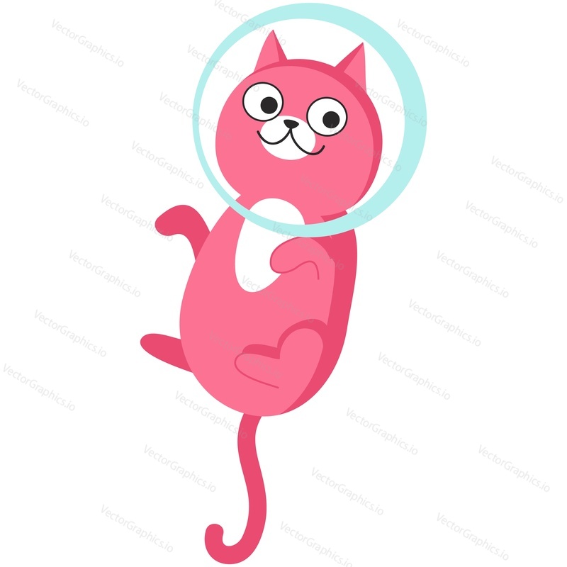 Cat cosmonaut vector. Kitten wearing astronaut helmet cartoon character icon. Domestic pet animal flying illustration isolated on white background. Galactic adventure, cosmos exploration