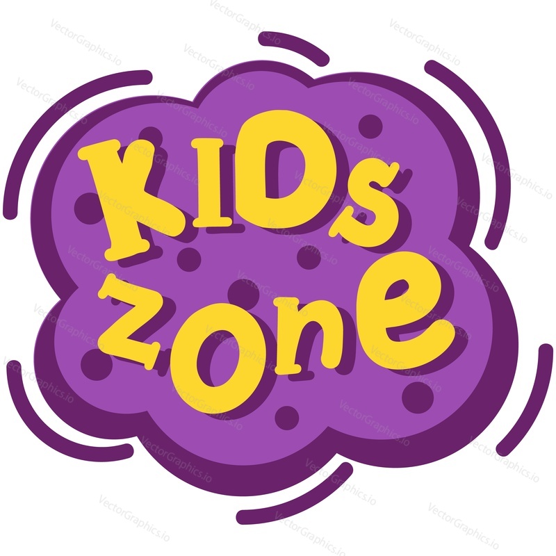 Kids zone label vector icon. Cartoon playground club logo badge with yellow lettering on purple bubble isolated on white background