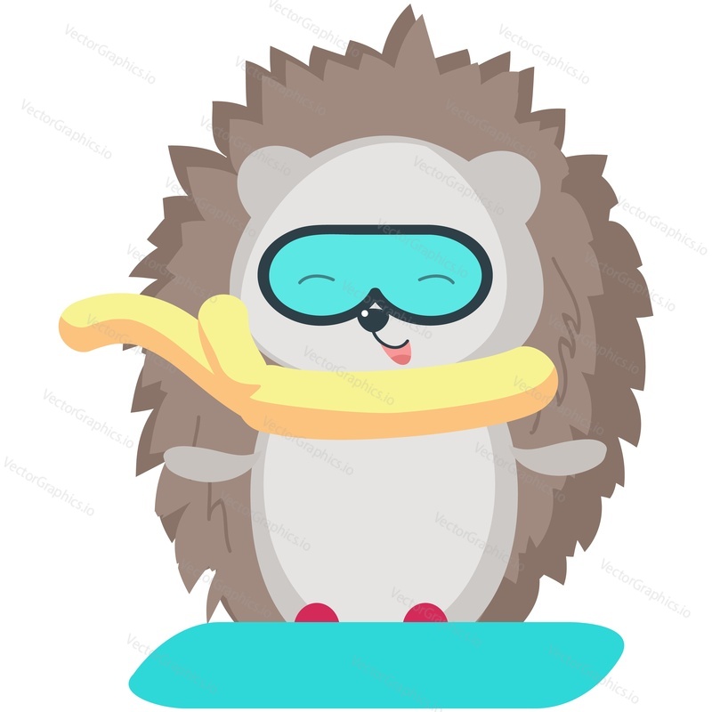 Cute hedgehog cartoon animal on snowboard vector. Funny prickly snowboarder character icon isolated on white background. Active winter fun, extreme sport, extreme riding