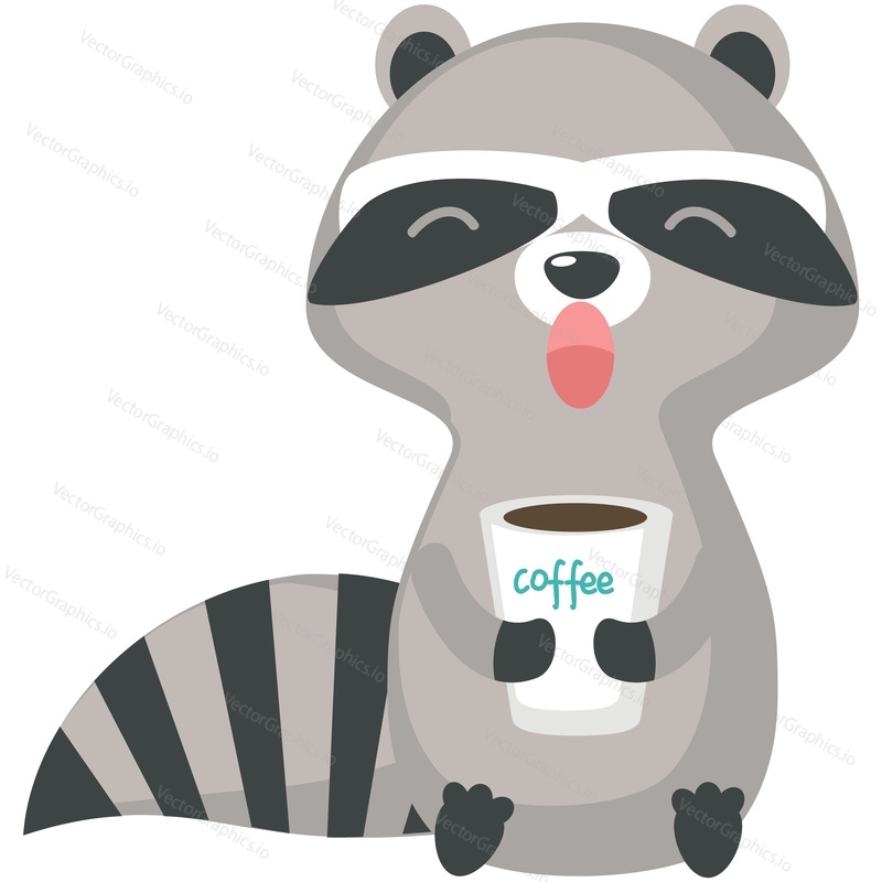 Cute raccoon vector. Funny woodland animal yawning drinking morning coffee cartoon icon. Doodle character illustration isolated on white background