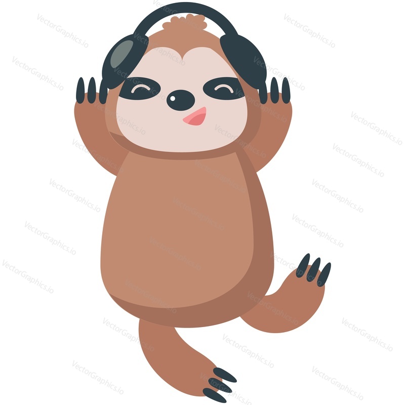 Cute sloth vector. Cartoon animal wearing headphones and dancing icon. Funny lazy baby forest character listening to music isolated on white background