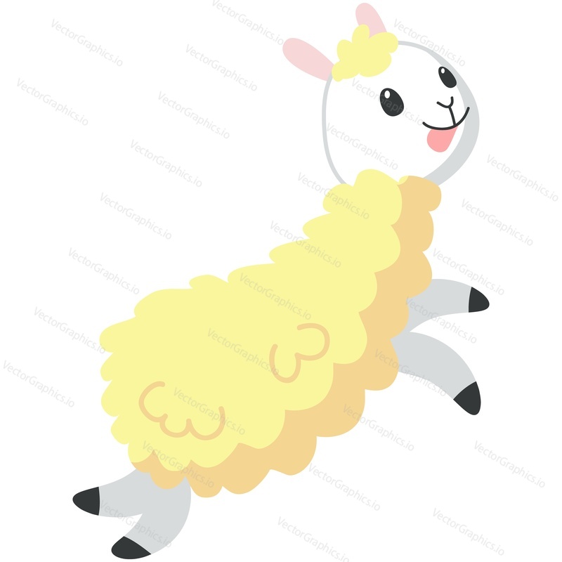 Cute alpaca vector. Funny lama jumping cartoon icon. Kawaii animal smiling playing having fun illustration. Happy mascot with fluffy curly yellow wool isolated on white background