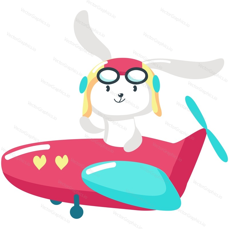 Bunny cute pilot animal cartoon vector icon. Funny rabbit hare character flying on airplane isolated on white background. Doodle design for postcard