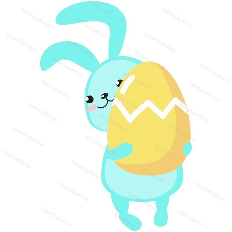 Easter bunny vector. Cute rabbit cartoon icon. Happy fluffy hare holding huge egg illustration isolated on white background. Animal character for spring holiday greeting card design