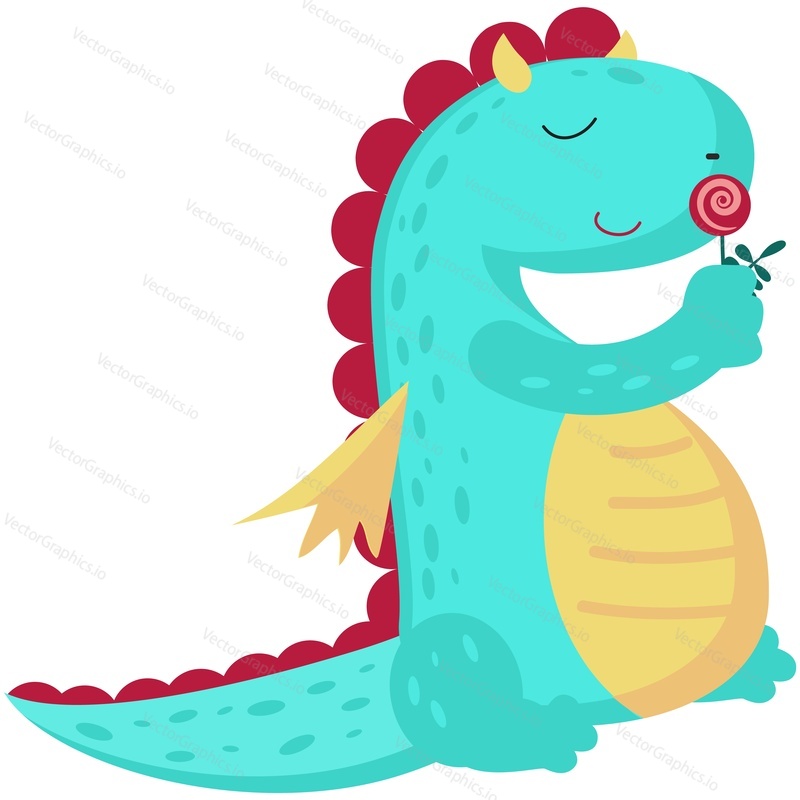 Dragon cartoon vector. Cute baby character illustration smelling flower icon. Fairy tale fantasy dinosaur, funny little monster isolated on white background