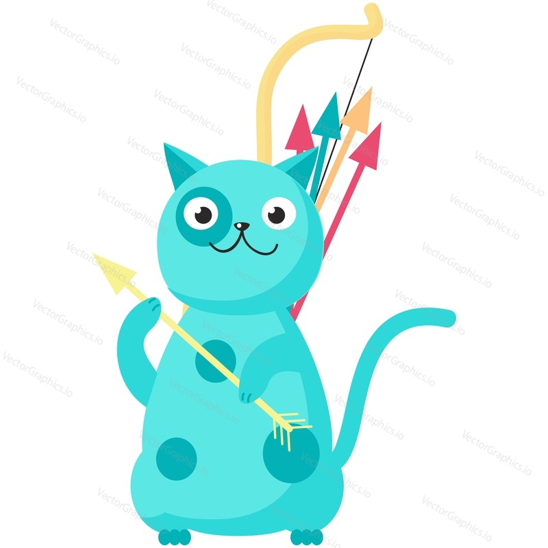 Zodiac cat Sagittarius vector cute horoscope icon. Funny astrology pet calendar cartoon design. Doodle zodiacal kitten animal month symbol aiming with arrow bow illustration isolated on white background