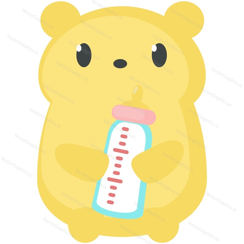 Teddy bear vector holding baby milk bottle with nipple. Cute toy icon for invitation. Newborn child shower party celebration accessory isolated on white background