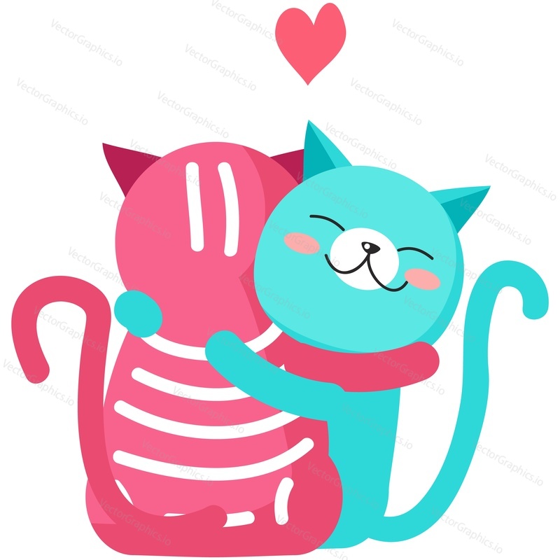 Cat in love. Cute vector animal couple hugging with adoration. Funny cartoon pet characters icon illustration for greeting invitation card design. Kawaii valentine kittens family isolated