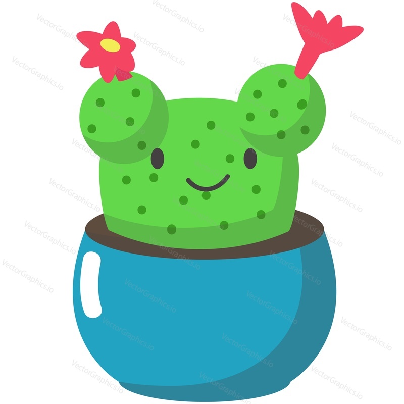 Cactus vector. Funny succulent plant mascot with pink blossom flower cartoon illustration. Cute cacti face with positive smile in flowerpot isolated on white background