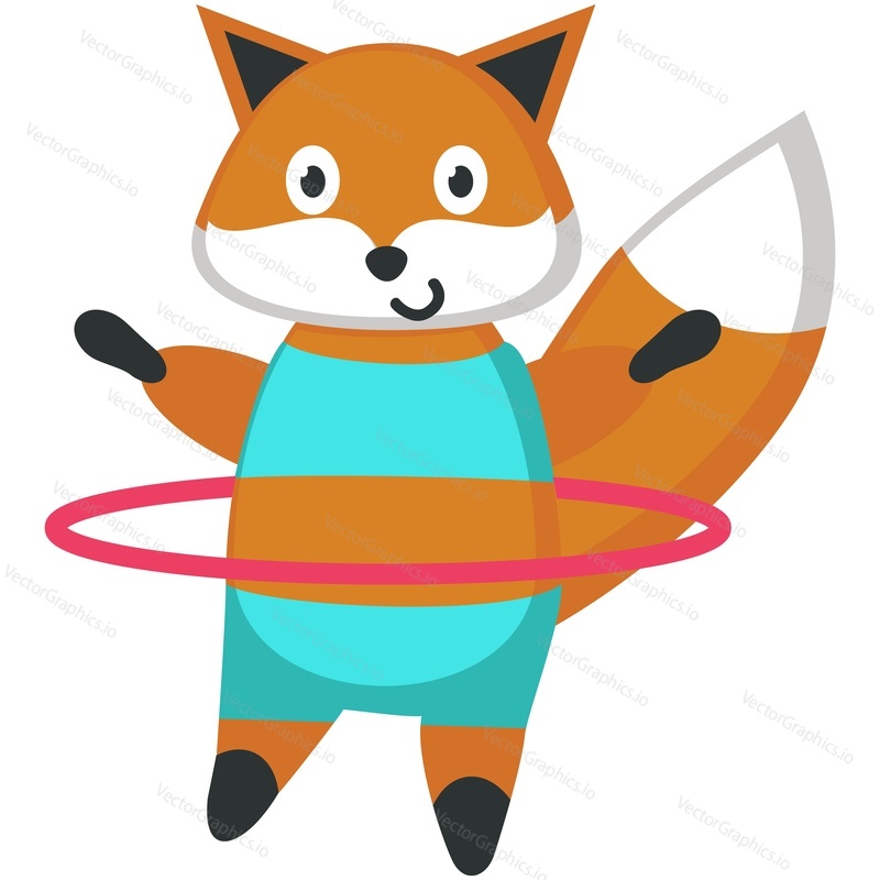 Fox vector. Cute training with hoop icon. Sport, gymnastics and fitness illustration. Kawaii cartoon animal character isolated on white background