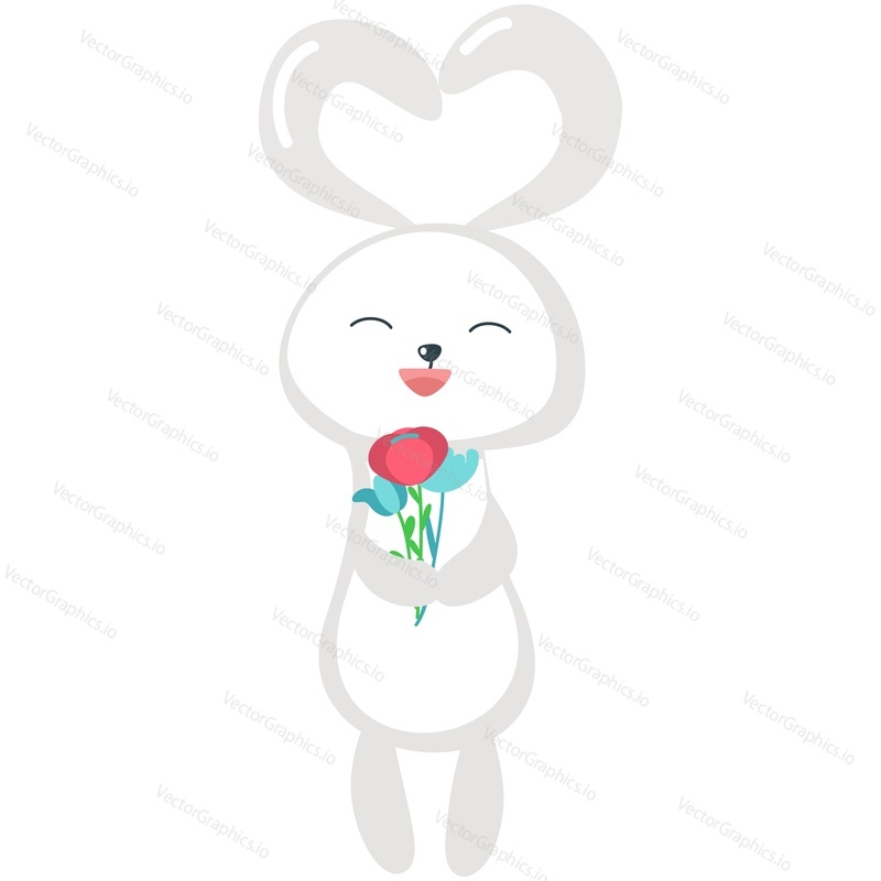 Animal rabbit with love vector. Cute bunny holding flower bouquet cartoon icon illustration. Sweet happy hare character for valentine, birthday or wedding postcard romantic poster isolated design