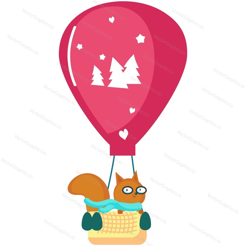 Squirrel cute pilot animal cartoon vector icon. Funny woodland character flying by air hot balloon isolated on white background. Doodle design for postcard