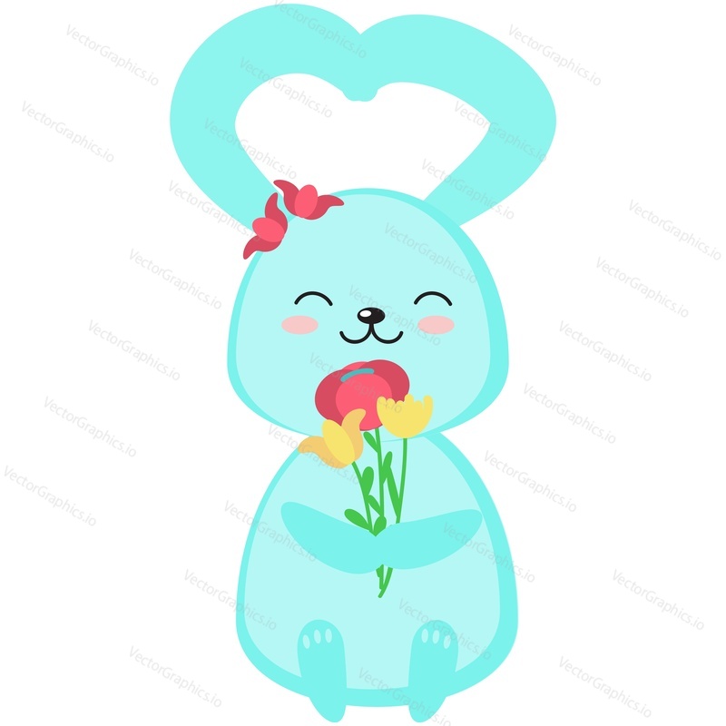 Easter bunny vector. Cute rabbit cartoon icon. Fluffy hare with spring flower enjoy blossom scent illustration isolated on white background. Animal character for spring holiday greeting card design