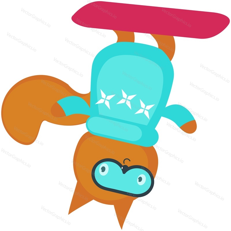 Cute squirrel cartoon animal on snowboard vector. Funny snowboarder doing upside down trick icon isolated on white background. Active winter fun, extreme sport, extreme riding