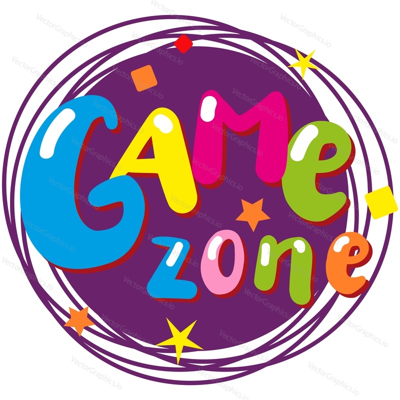 Game zone label vector. Kid party room icon. Child fun area emblem cartoon design. Playground sticker illustration isolated on white background