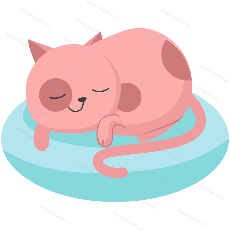 Cute cat sleeping vector. Kitten napping icon. Kawai cartoon pet animal fall asleep, rest on pillow isolated on white background