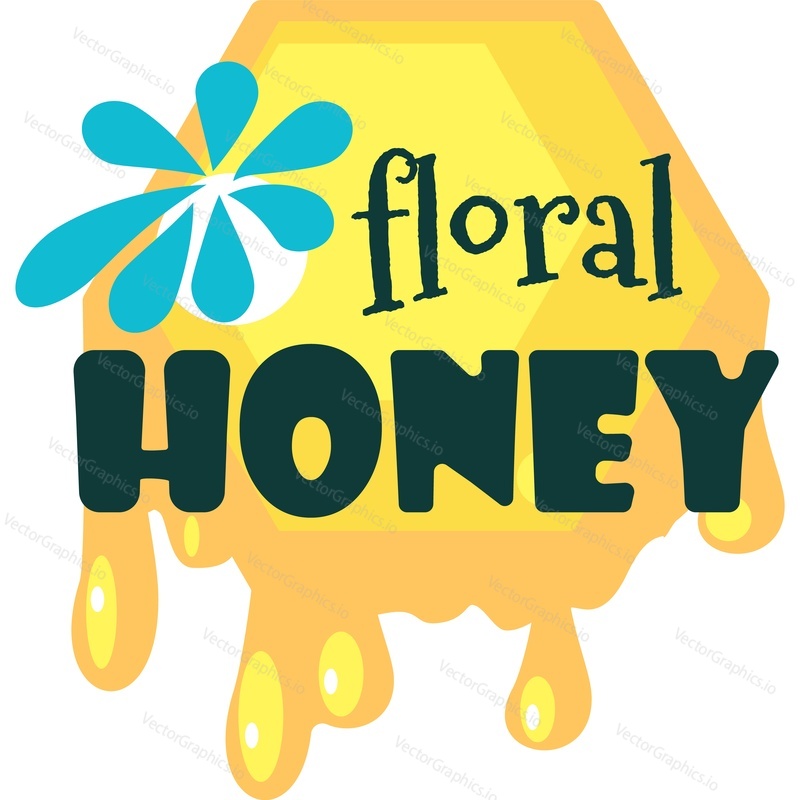 Floral honey icon. Vector sticker, label or logo with headline text and flower bud over dripping sweet nectar honeycomb cell design isolated on white background