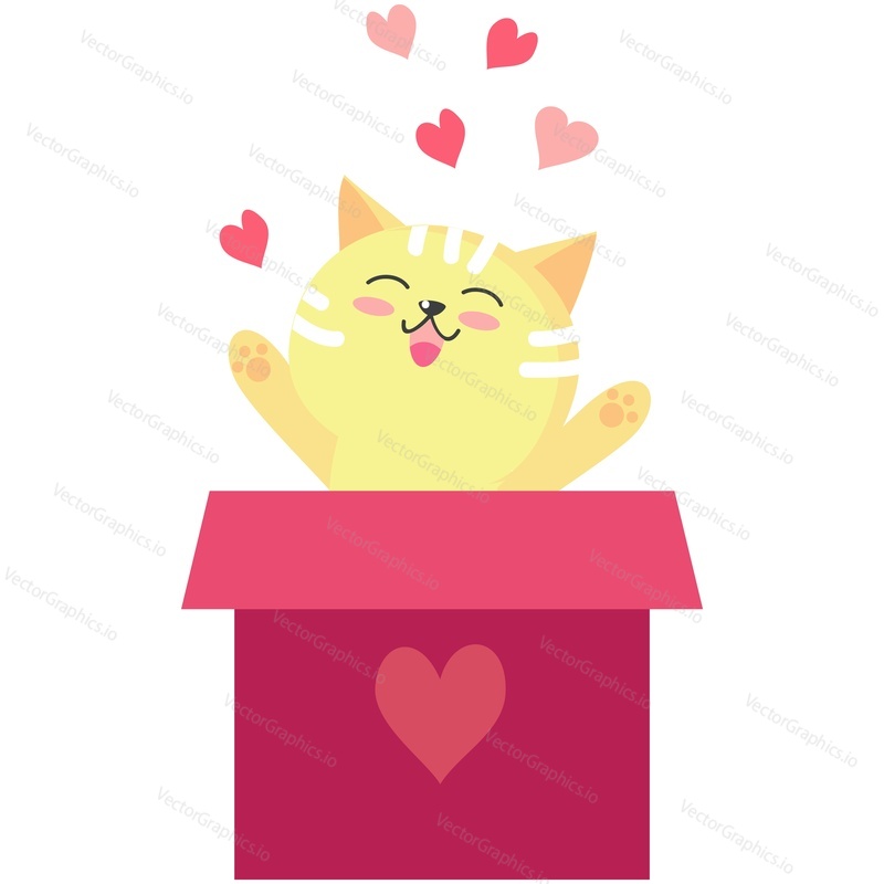 Animal with love vector. Cute cat jumping from gift box cartoon icon illustration. Sweet happy character for valentine, birthday or wedding postcard romantic poster isolated design on white background